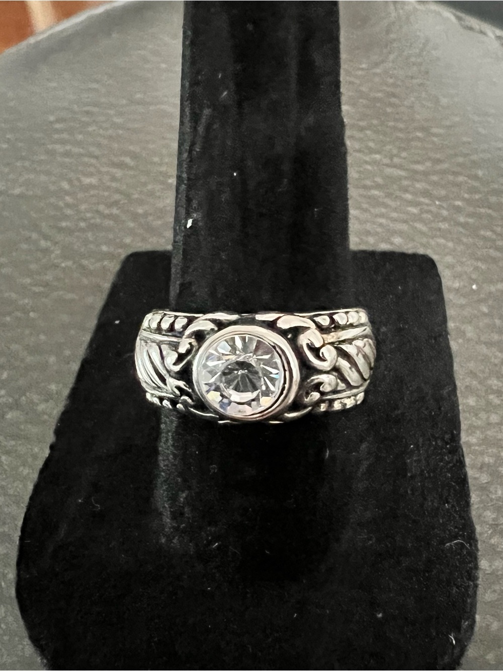 Ornate Silver-Tone Ring with Clear Center Stone - Women's Jewelry